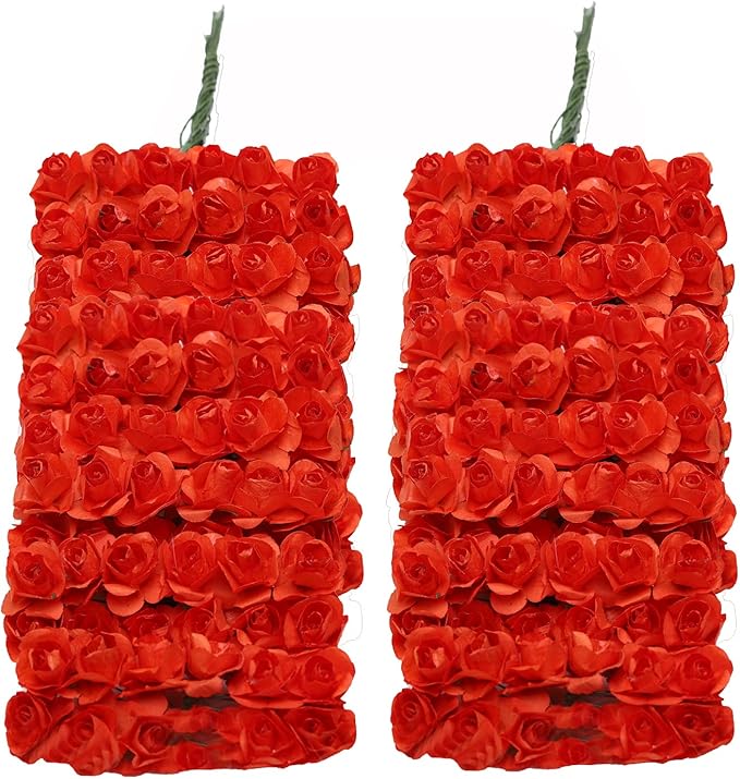144pcs Mulberry Paper Mini Roses Artificial Flowers Heads with Stems for DIY Crafts Accessories Make Bridal Hair Clips Headbands Dress Wedding Bridal Bouquets Party Home Decor Valentine's (Orange)