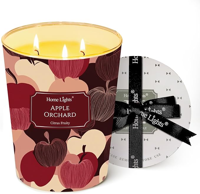HomeLights Large jar Candle | 3-Wick Long-Lasting Scented Candles, 34oz Natural Soy Wax Candle for Home Scented, Eclectic Mixed Styles Gifts for Women & Men, Apple Orchard