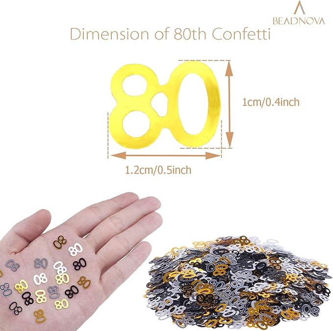 BEADNOVA 80th Birthday Confetti Eighty Years Old 80 Anniversary Number Confetti for Birthday Party Decor Wedding Table Decoration (1oz, Gold Silver Black Mix)