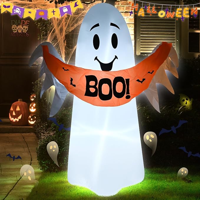4FT White Ghost Holding a Boo Banner Halloween Inflatable Decoration Blow up Decor with LED Lights Indoor Outdoor Yard Graden Party Holiday Decor