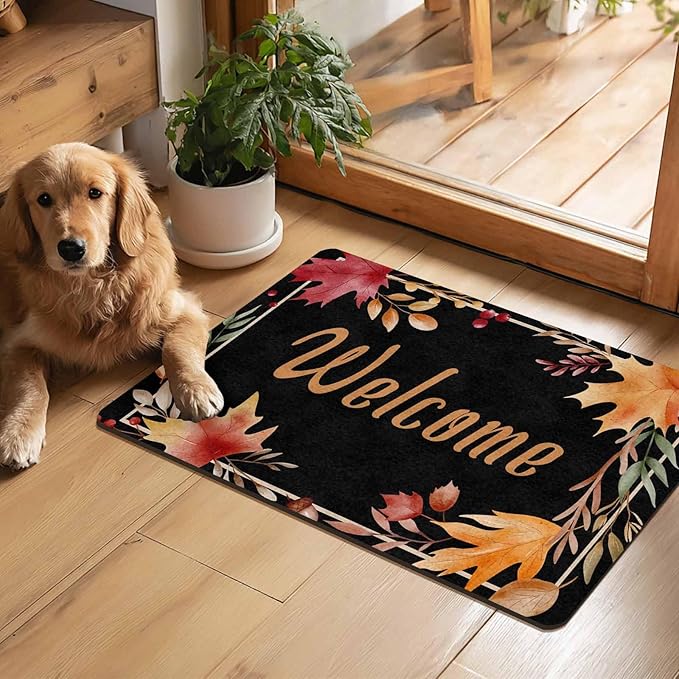 Fall Welcome Maple Leafs Decorative Door Mat, Autumn Thanksgiving Doormat for Indoor Outdoor Entrance Floor Mats,Fall Pumpkins Non Slip Harvest Vintage Decor Rubber Welcome Mats 30" x 18" Inch