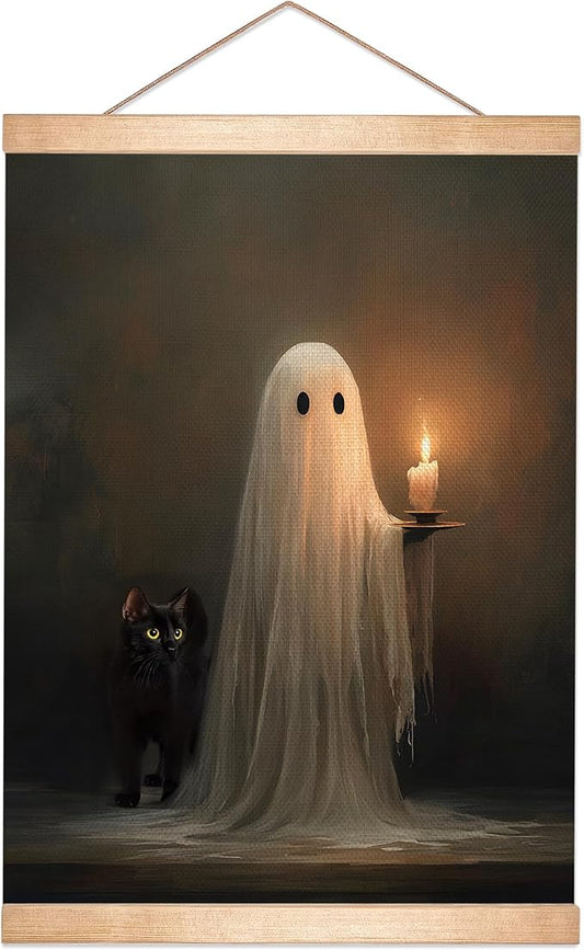 HEYJEEPER Halloween Ghost Holding Candle Linen Canvas Wall Art 18.5x14 Inch, Vintage Spooky Black Cat Gothic Wall Hanging Poster, Retro Haunted Night Decor for Living Room Bedroom Holiday Gift(BLK02)