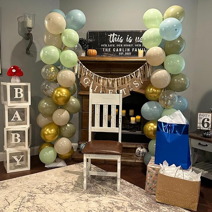 Togvu Dusty Green Blue Balloon, 60 Packs 12 Inch Sage Green Blue Balloon with Haze Fog Blue Sand White and Gold Balloons for Jungle Safari Neutral Boho Birthday Baby Shower Party Decorations