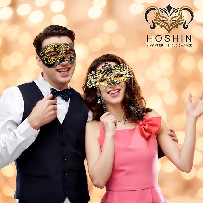 Hoshin Masquerade Mask for Couple, Mardi Gras Deecorations Venetian Masks with Stick for Womens