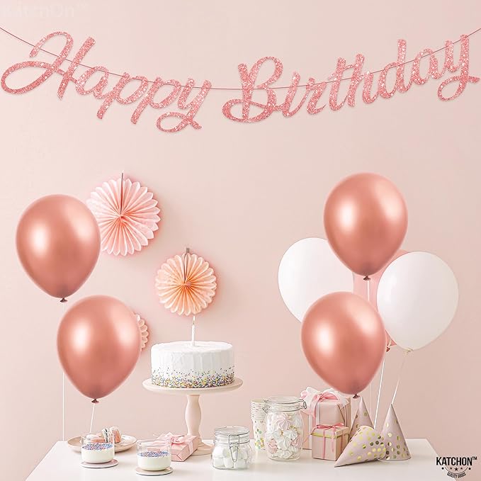 KatchOn, Glitter Rose Gold Happy Birthday Banner - Pre-Strung No DIY, 10 Feet | Happy Birthday Sign | Rose Gold Birthday Decorations | Bday Banner for Women | Happy Birthday Decorations