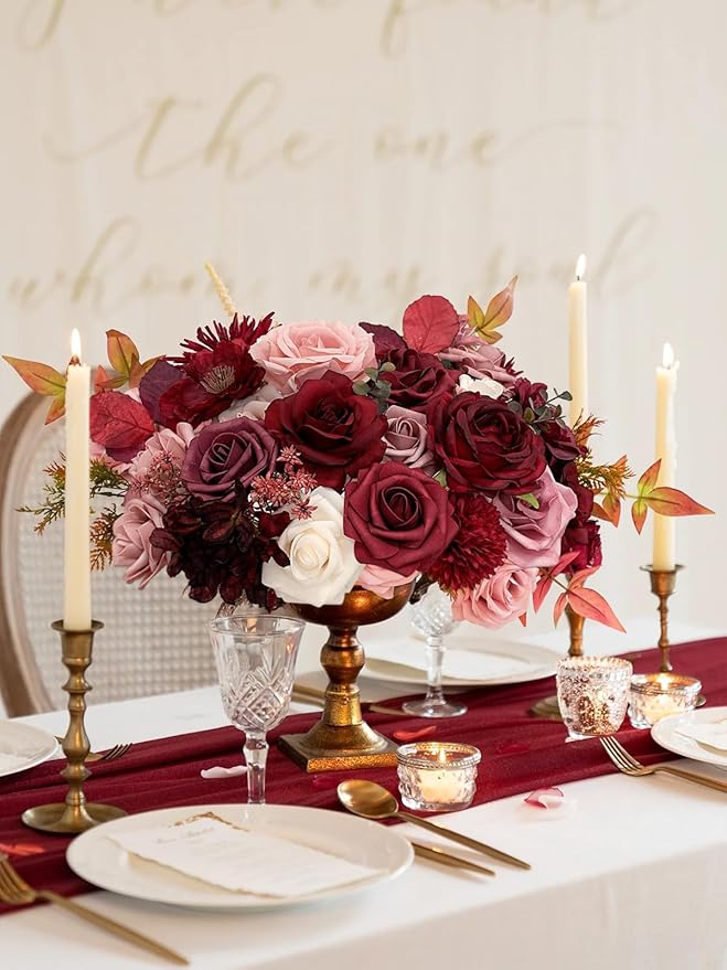 Rose Artificial Flowers Burgundy Fake Flower Bulk for DIY Wedding Bouquets Bridal Baby Shower Centerpiece Table Decorations Silk Faux Floral Arrangements for Party Home Decor Indoor Red Mauve