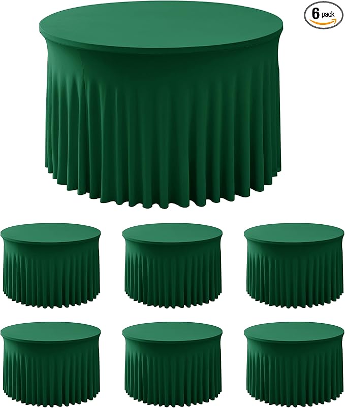 HolidayIdeas 6 Pack Hunter Green Spandex Table Skirts for 60 Inch Round Tables, Fitted Covers for Christmas Receptions
