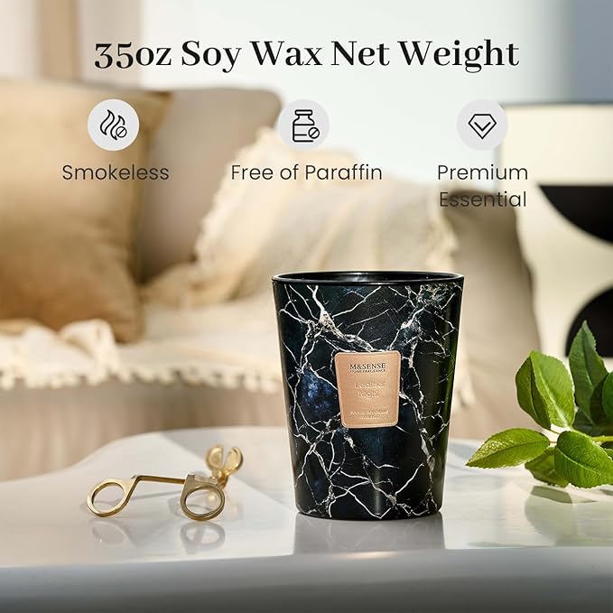 M&SENSE Extra Large Candle 35oz 150H LeatherNight Scented, 3 Wick Highly Scented Jar Candles, XL Large Christmas Gift Candle for Women, Long Lasting Burning for Holiday, Thanksgiving, Christmas