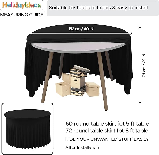 HolidayIdeas 60 Inch Black Spandex Round Table Skirts,Fitted Stretch Tablecloths for Round 5 ft Table, Wrinkle-Free Ruffle Design Tablecloths for Banquets,Trade Shows, Parties, Events, 6 Pcs