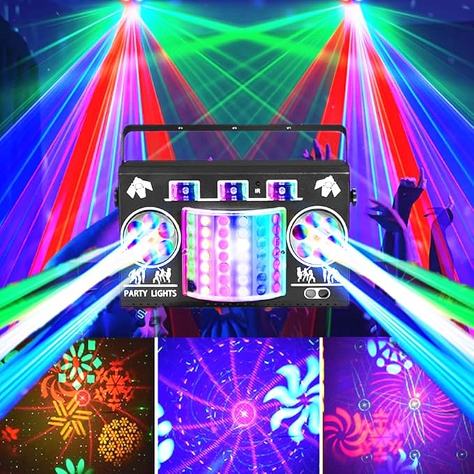 Party Lights DJ Disco Ball Light 5-in-1 Laser Strobe Projection Light DMX Control Sound Activation and Remote Control Live Performance Family Gathering, Club, bar, Karaoke, Birthday Holiday Carnival