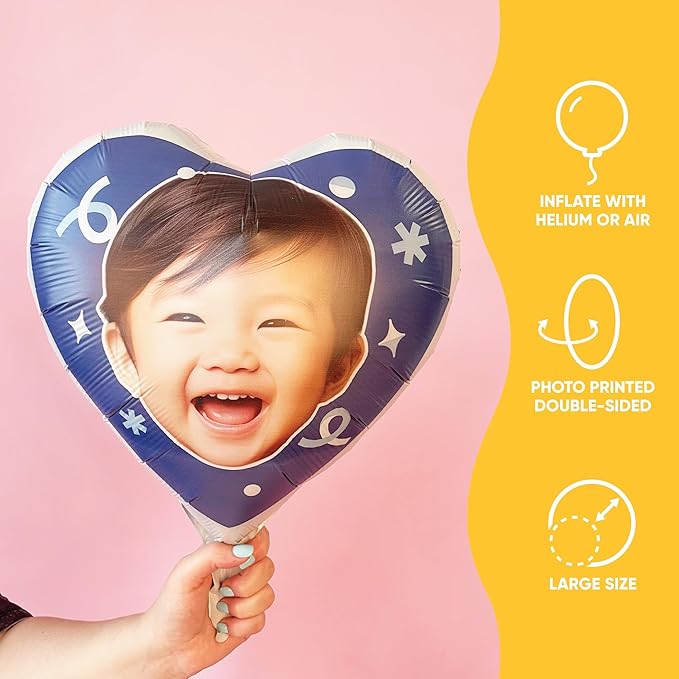 Big Dot of Happiness Personalized Fun Face Photo Blue Heart Balloons, Custom Birthday Balloons, Boy Baby Shower Decorations, Bachelorette Party, Bridal Shower, Double-Sided Mylar Balloon, 1 Piece