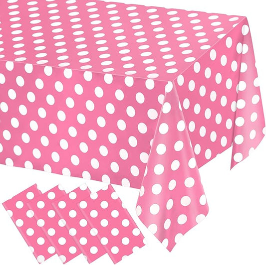 WNINK 4 Pack Pink and White Polka Dot Tablecloths – Pink Disposable Plastic Waterproof Table Cover, 54" x 108", for Birthday, Wedding, Bridal Shower, Bachelor, Pink Girl Party, and Picnic