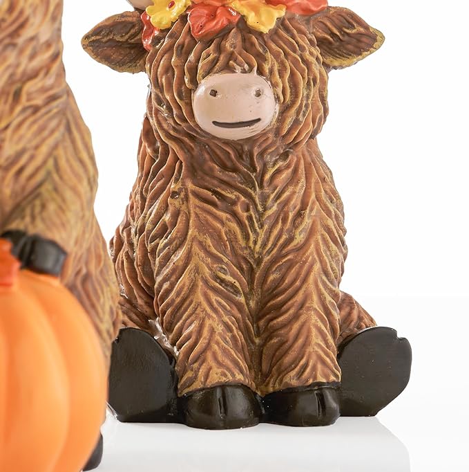 RM ROOMERS 2 PCS Highland Cow Figurines Fall Decor Thanksgiving – Resin Highland Cow Decorations for Home – Cute Cow Statues with Pumpkin & Flowers, Farmhouse Kitchen Autumn Table or Shelf Decor