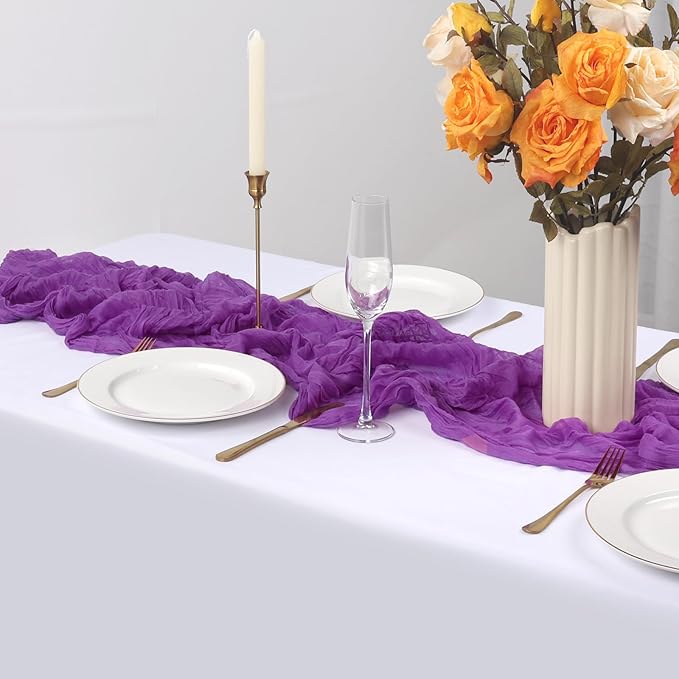 RestfulGlow12 Pack Purple Cheesecloth Table Runner 10FT Boho Gauze Fabric Table Runner 35 x 120 Inch Rustic Sheer Runner for Centerpiece Wedding Decor Baby Shower Party Table Decoration（Purple）
