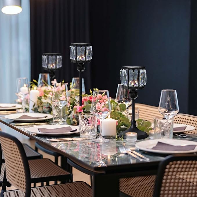 Crystal Tealight Candle Holders Set of 6 (9''/11''/13'') - Elegant Metal & Glass Centerpieces for Stunning Home Decor（ Balck