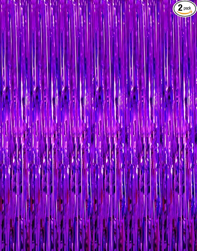 i-CHONY Purple Metallic Tinsel Foil Fringe Curtains,2pcs 3.2ft x 8.2ft Purple Backdrop Party Streamers for Birthday Wedding Engagement Bridal Shower Baby Shower Bachelorette Party Decorations