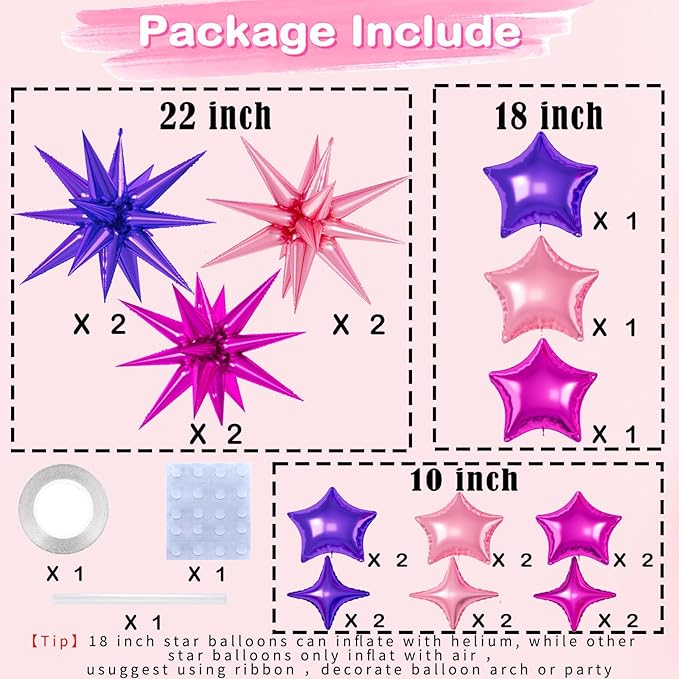 21 Pcs Star Balloons,22/18/10 Inch Star Foil Mylar Balloon,Spike Balloon and Four Pointed Balloons for Party Supplies Christmas Birthday Wedding Photo Booth (Purple Pink Hot Pink)