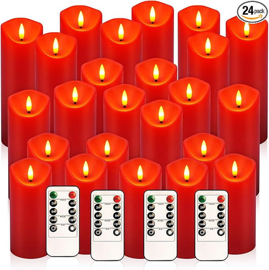 LED Flameless Candles with Remote, Set of 24 Red Flickering Candles, Battery Operated Realistic Pillar Candles for Halloween, Christmas, New Year, Home Decor, Parties