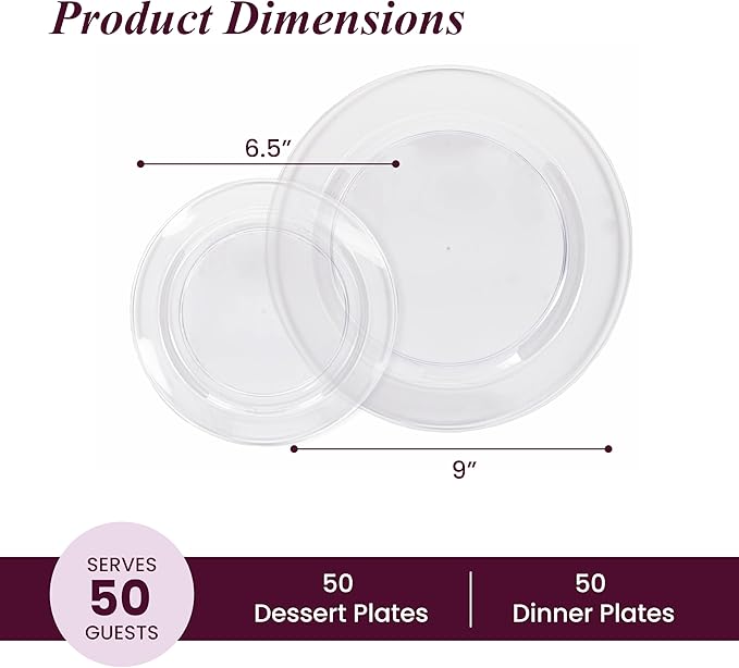 Aya's Cutlery Kingdom 100 Clear Plastic Plates for Party, Heavy Duty Disposable Set of 50 Dinner and 50 Dessert Plates, Elegant Fancy Design for Weddings, Parties, and Special Events