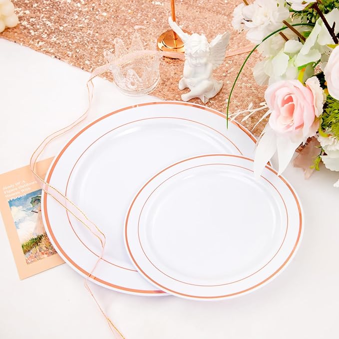 FLOWERCAT 60PCS Rose Gold Plastic Plates - Heavy Duty Rose Gold Plates Disposable for Christmas Party/Wedding- Include 30PCS 10.25inch Dinner Plates and 30PCS 7.5inch Dessert Plates