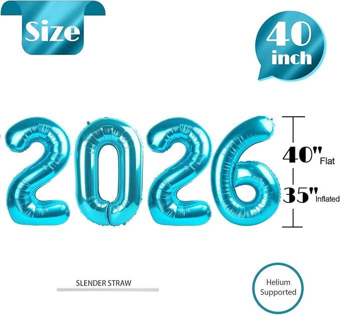 2026 Balloon Numbers - 40 Inch Light Blue New Years Eve Party Supplies 2026, Nye Decor Party Decorations Happy New Year, New Years Eve Foil Party Balloons