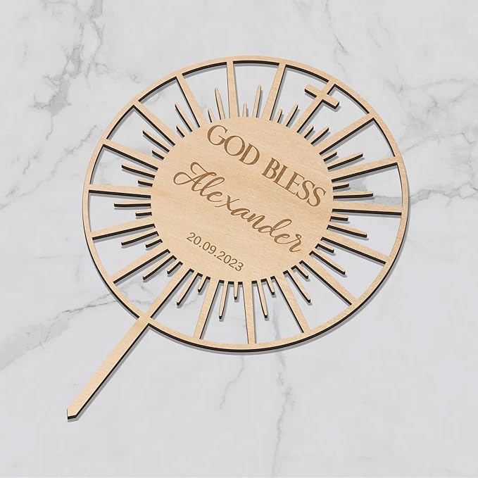 Personalized Baptism Cake Topper in Wood Custom Name & Date God Bless Cake Topper Decoration (Design 01)