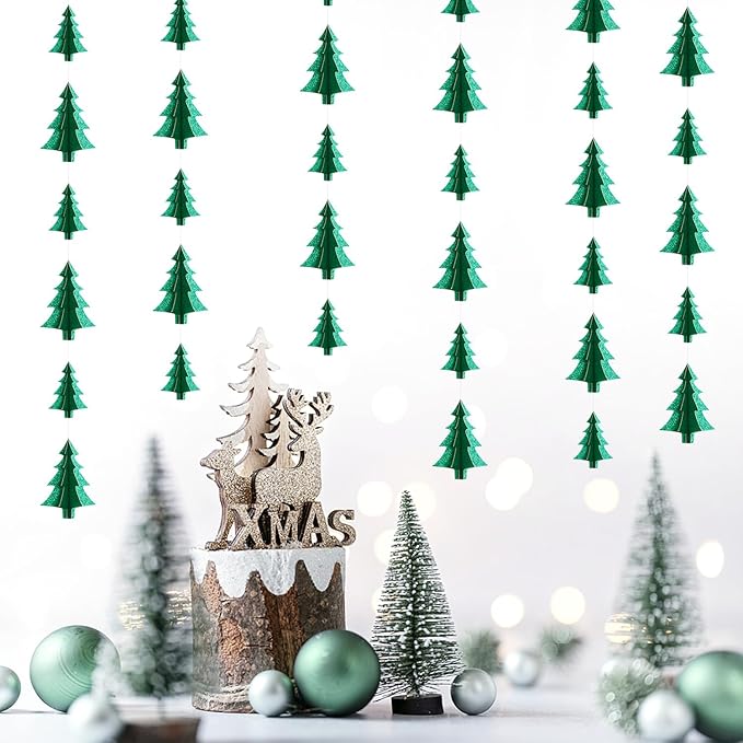 Green Christmas-Tree Party-Decorations Plant Garland - 25 Ft Hanging Woodland Theme Paper Streamers Banner,Nature Birthday Wedding Baby Bridal Shower Forest Decor Graduation Ouruola