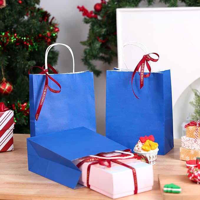 OUTUXED 120pcs Gift Bags, Blue Paper Bag with Handles 7.1x3.6x9.3in Medium Size Kraft Bags for Party, Businesses