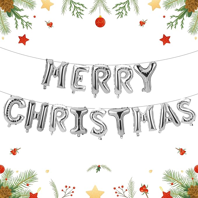 16 Inch Merry Christmas Balloons 14 PCS Silver Balloons Banner Xmas Letter Aluminum Mylar Foil Balloon Kit Decorations Globos Backdrop for Hanging Decor Party Favors Supplies Theme Indoor Outdoor
