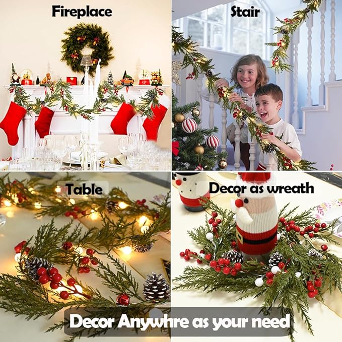 Christmas Garland 6FT 20 LED Bulbs Cypress Pine Garland with Lights Battery Operated with Timer Bells Red Berries Pinecones Green Garlands Decoration for Xmas Holiday Thanksgiving New Year Home Decor