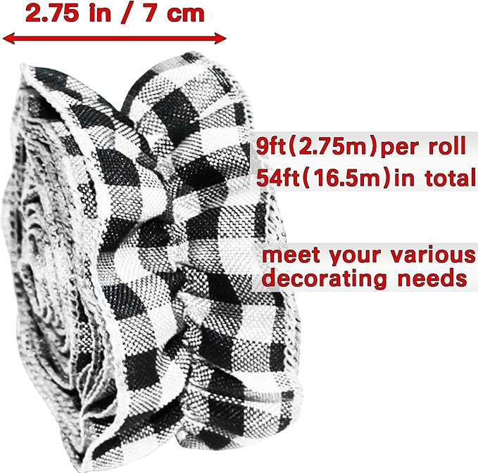 Jishi Christmas Tree Ribbon Garland Buffalo Plaid Christmas Decorations, 9 Ft X 6 Rolls Black & White Buffalo Check Fabric Xmas Tree Ribbon Garland, Vintage Country Rustic Farmhouse Holiday Home Decor
