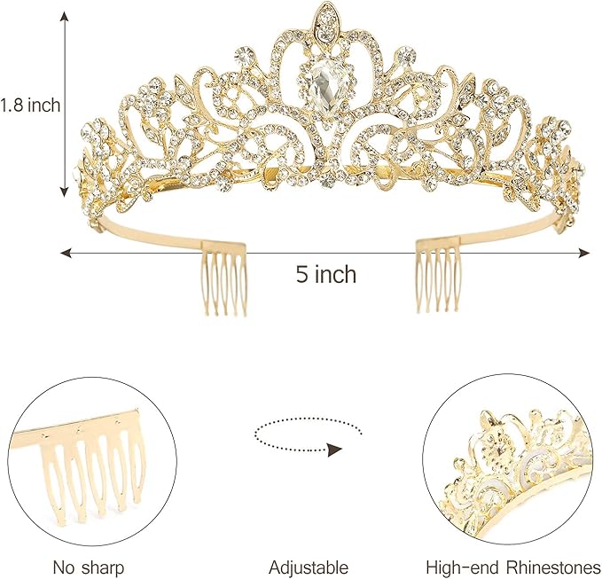 Gold Prom Queen Tiara Crown for Women, Happy Birthday Flower Crown Sash, Party Favors Supplies, Cake Toppers, Halloween Cosplay
