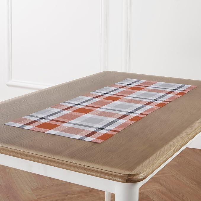 Solino Home Pure Linen Cinnamon Plaid Table Runner 14 x 36 Inch for Coffee Tabletop, Dresser, and Bedroom – Thanksgiving – Buffalo Check