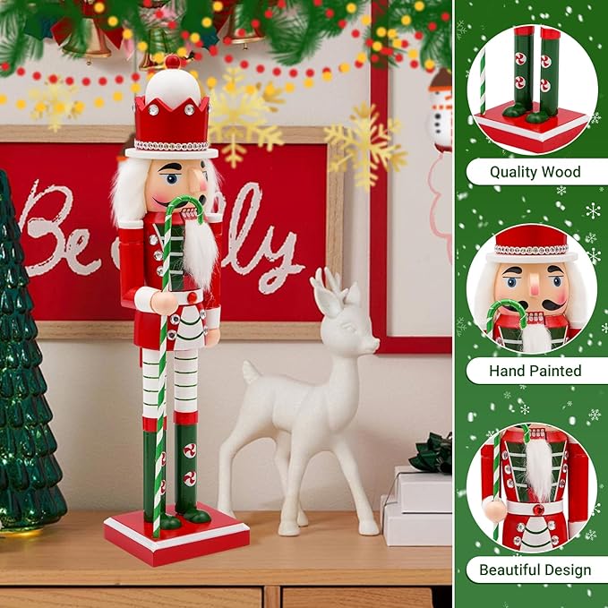 14" Wooden Candycane Nutcracker, Festive Christmas Decoration, Handcrafted Candycane Themed Nutcracker Collectible Christmas Decor for Tabletop, Shelves, and Fireplace Mantel(Candycane)