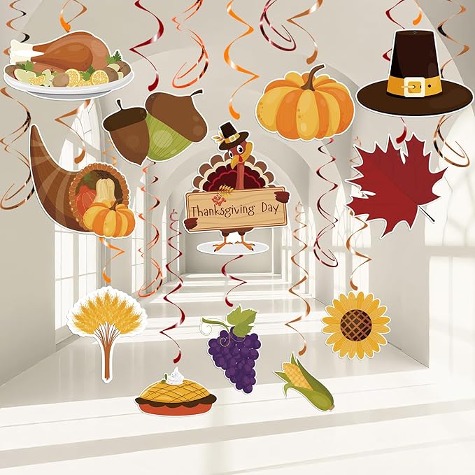 30pcs Thanksgiving Hanging Swirls, Thanksgiving Ceiling Hanging Decorations Turkey Pumpkin Acorn Ceiling Streamers for Give Thanks Classroom Friendsgiving Party Supplies