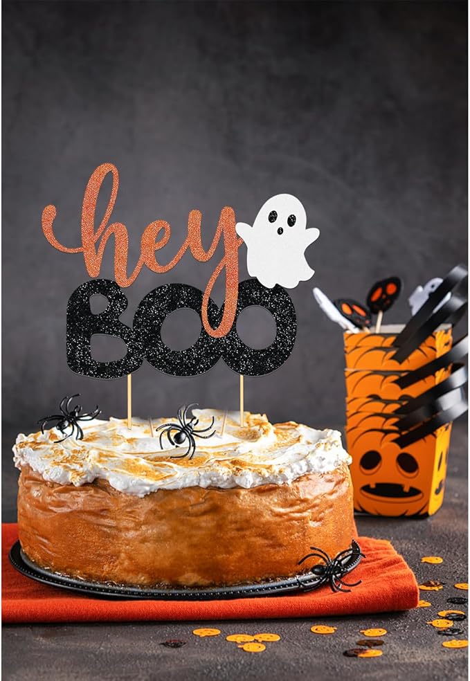 Hey Boo Cake Topper - Happy Boo Day Ghost Cake Topper, Ghost Halloween Cake Decorations for Birthday, Baby Shower, Party Supplies