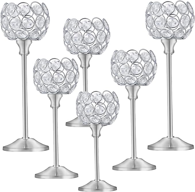 Crystal Candle Holders Set of 16 for Wedding Centerpieces Gold Or Silver Candle Holders Bulk Decorative Tealight Candle Holder for Wedding, Party,Table Centerpieces Decoration (Silver, 2 Sets(6 Pcs))