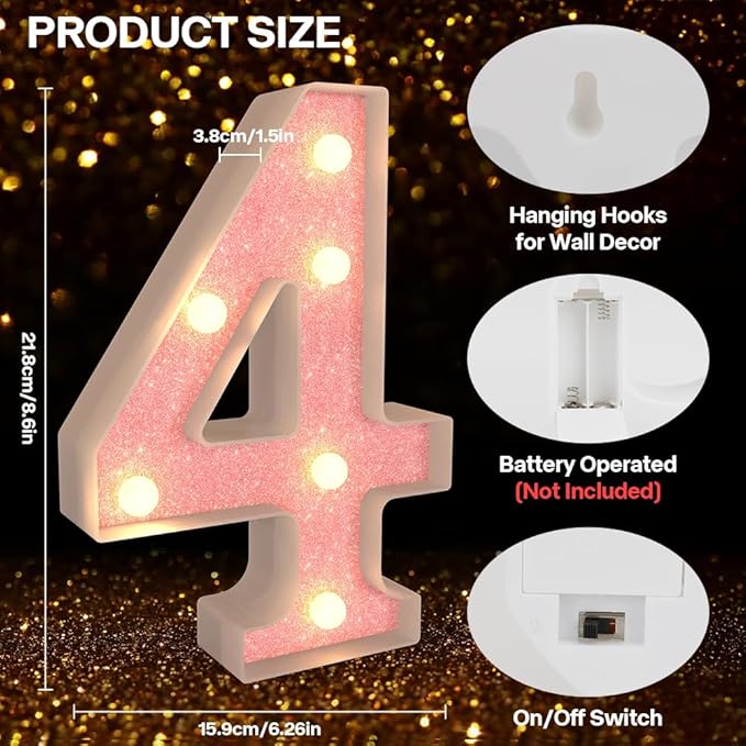 Marquee Light up Numbers 0-9, Battery Powered LED Light, Pink Glitter Plastic Sign, Night Light Decor for Graduation, Engagement, Wedding, Baby Shower, Birthday (Number 4)
