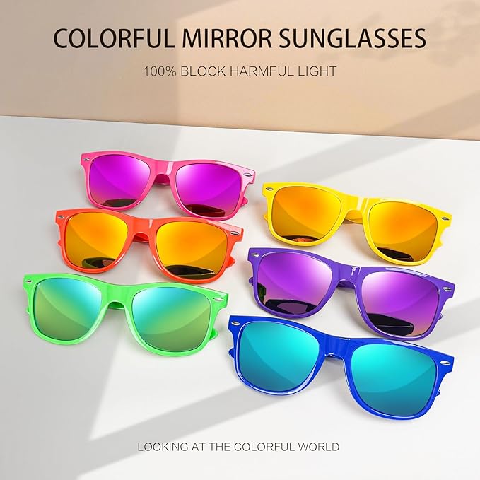 Pibupibu 10/20 Pack Neon Sunglasses for Women Men Bulk, Wholesale 80s Retro Colorful Mirrored Party Glasses Adult Unisex