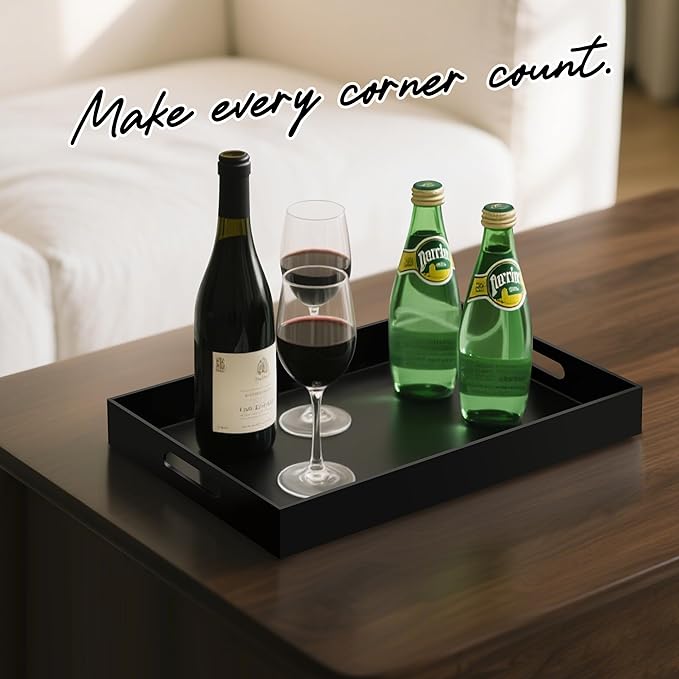 Glossy Black Acrylic Serving Tray with Handles-Butler Trays for Coffee Table, Snacks,Breakfast in Bed, Kitchen Countertop,Vanity,Makeup Organizer,Ottoman (Black, 12x20 Inches)