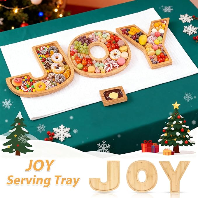 5 Packs Christmas Serving Platter Joy Charcuterie Board Bamboo Fruit Serving Tray Letters for Food with 2 pcs Sauce Dishes for Christmas Party Snack Serving