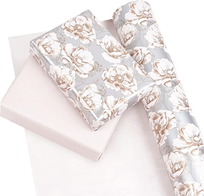 WRAPAHOLIC Reversible Floral Wrapping Paper - Mini Roll - 17 Inch X 33 Feet - Elegant Pink Wedding Wrapping Paper for Birthday, Bridal Shower, Baby Shower
