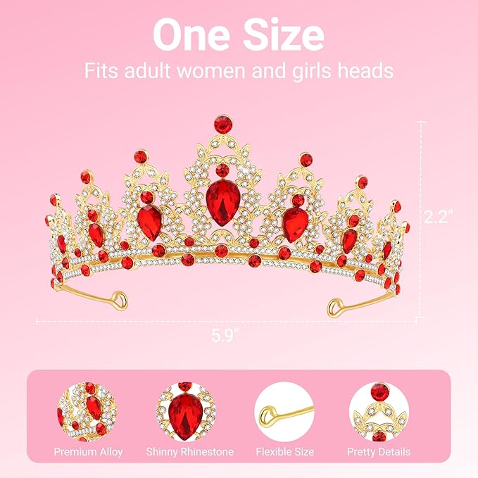 Tiara Crown for Women, Headband Hair Accessories for Birthday Wedding Party Costume Red