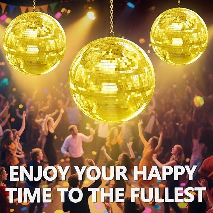 Disco Ball, 12/16/20 Inch Hanging Disco Ball, Mirror Ball for Party Decoration, Wedding, DJ Club, Stage, Birthday, Christmas, New Years Celebration (Golden, 12Inch)