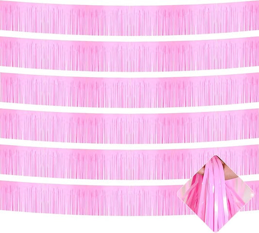 6 Pack 10 Feet Foil Fringe Garland Metallic Tinsel Streamers Banner Wall Hanging Curtain Backdrop for Parade Floats, Bachelorette, Wedding, Birthday, Halloween, Christmas Party Decorations(Pink)