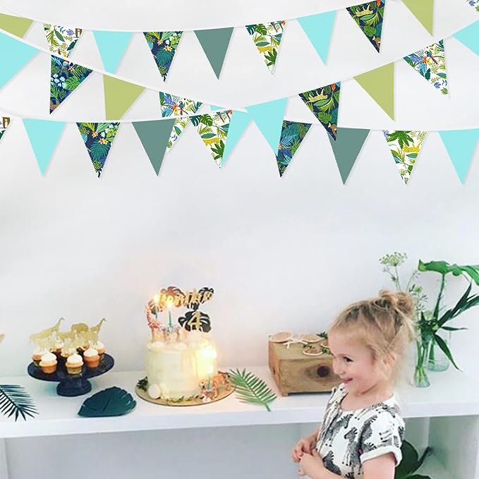 32Ft Teal Blue Green Summer Tropical Leaves Wild Animals Printed Pennant Banner Fabric Triangle Flag Cotton Bunting Garland for Birthday Party Wedding Home Nursery Outdoor Garden Hanging Decoration