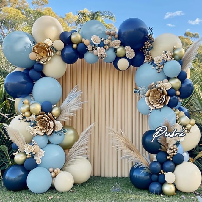 Navy Blue Balloon Garland Double Stuffed Dusty Blue Gold White Sand Balloons Beige Cream Metallic Latex Arch Kit for Neutral Baby Shower Gender Reveal Birthday Wedding Graduation Party Decorations