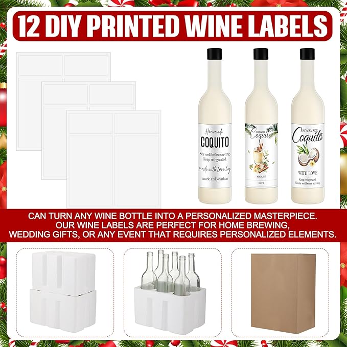6 Set Coquito Bottles 25 oz Glass wine Bottles Brewing Bottles with Blank Printable Stickers Wine Bottles with Airtight Caps for Home Party Milk Eggnog Kefir