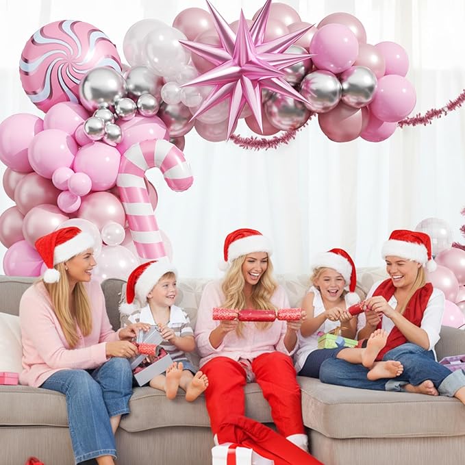 Christmas Balloon Arch Kit, Pink and White Silver Balloons Garland Arch with Double Pearl White Pink Balloons, Candy Cane Windmill Star foil Balloon for Christmas New Year Winter Decorations