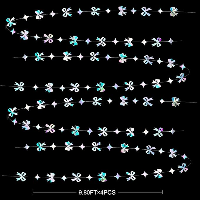 Iridescent Bow Decorations Holographic Paper Star Bow Hanging Garland Streamer Banner for Coquette Birthday Bachelorette Wedding Bridal Shower Engagement Anniversary Hen Party Decorations Supplies